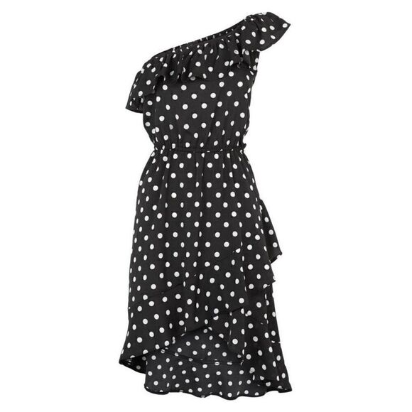 One Shoulder Ruffle Cute Polka Dot Elastic Waist Hi-Lo Flowy Dress SIZE M NEW - Picture 2 of 16